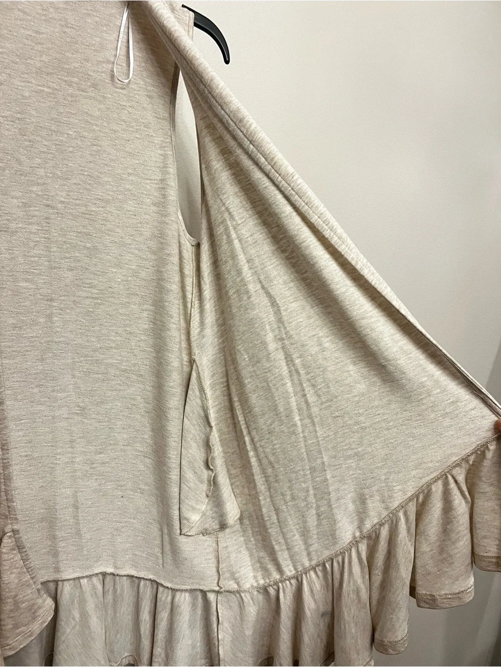 Pleione Cream Oatmeal Heather Ruffle Hem Open Front Cascade‎ Vest Minimalist